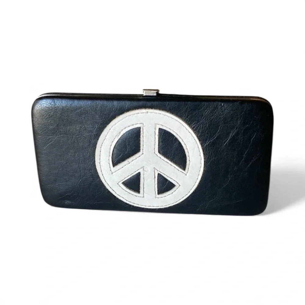PEACE SIGN Clutch Wallet Silver Interior Clasp Closure Faux Leather Hippie